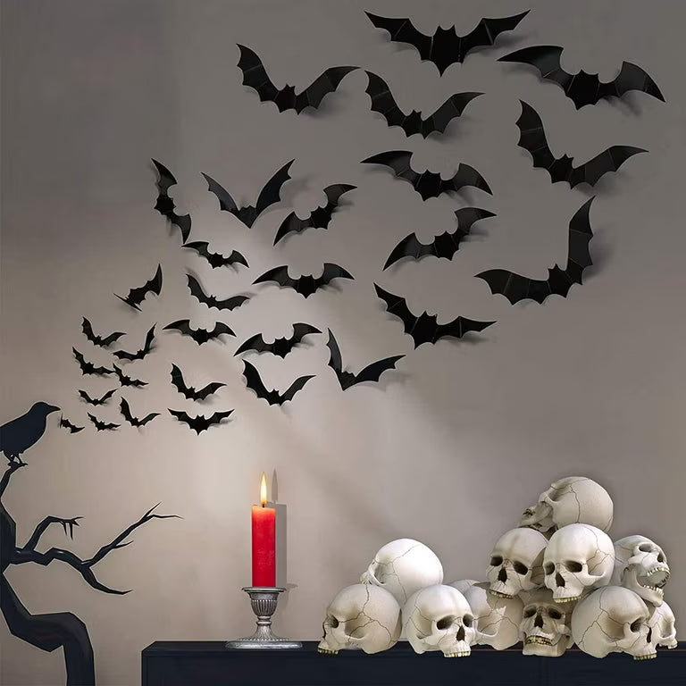 Halloween Bats Decorations 24 Pcs, 3D Pvc Bat on The Wall,Black Bats Wall Stickers,Halloween Scary Props Party Supplies DIY Decoration