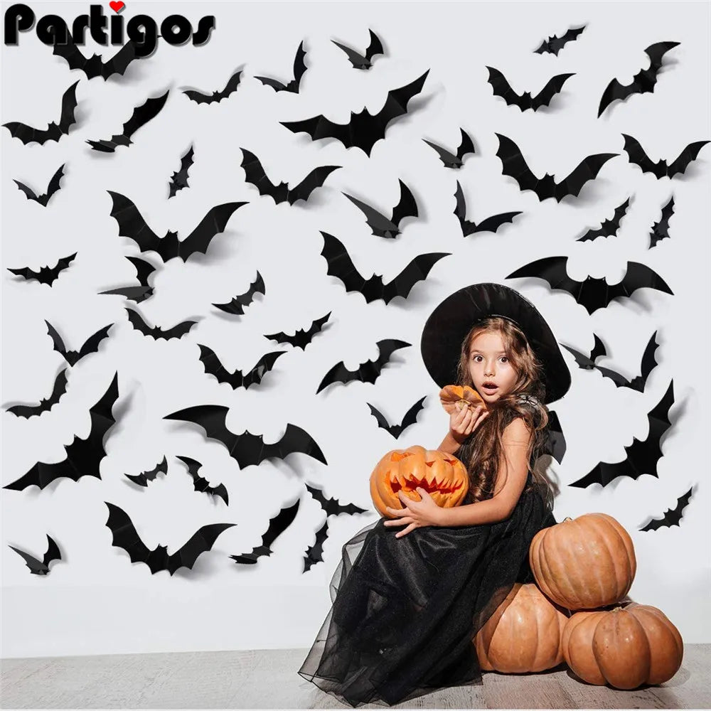 Halloween Bats Decorations 24 Pcs, 3D Pvc Bat on The Wall,Black Bats Wall Stickers,Halloween Scary Props Party Supplies DIY Decoration