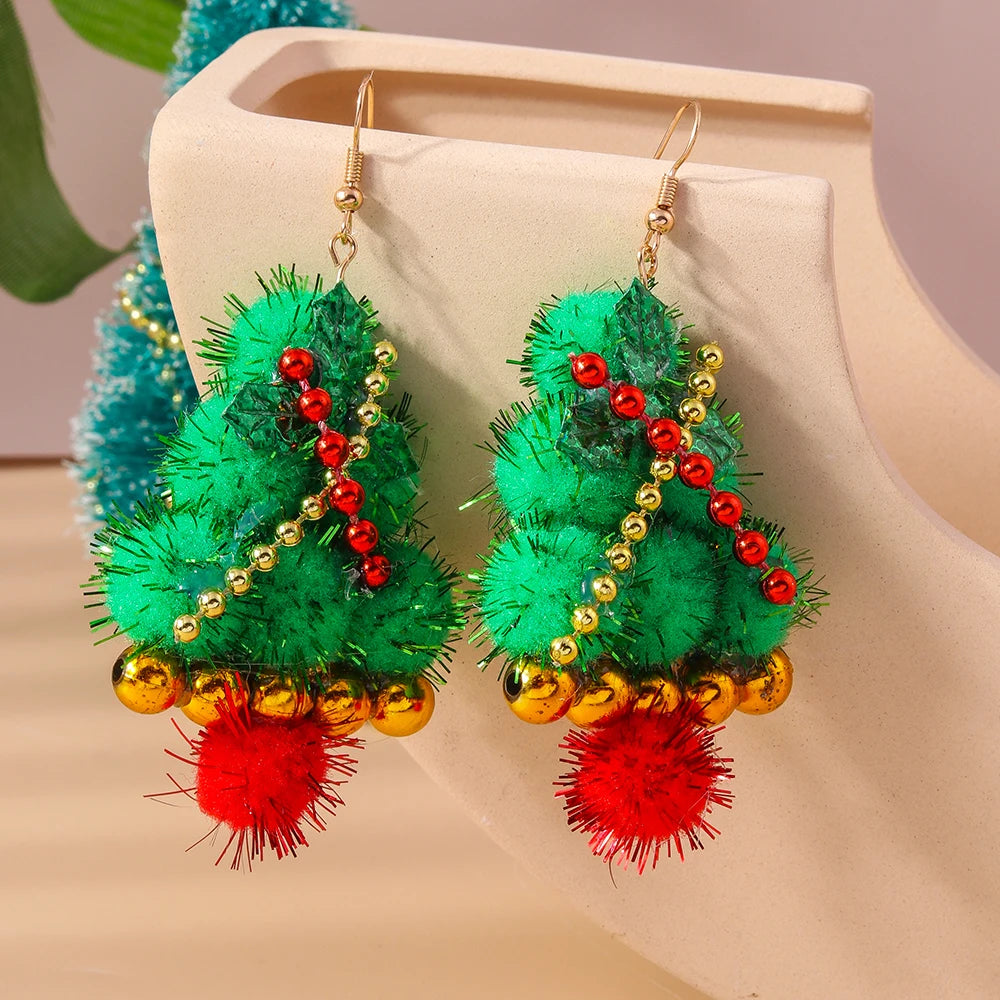 3D Cute Cartoon Christmas Earrings – Kawaii Fluffy Tree, Deer & Bell Earrings for Women