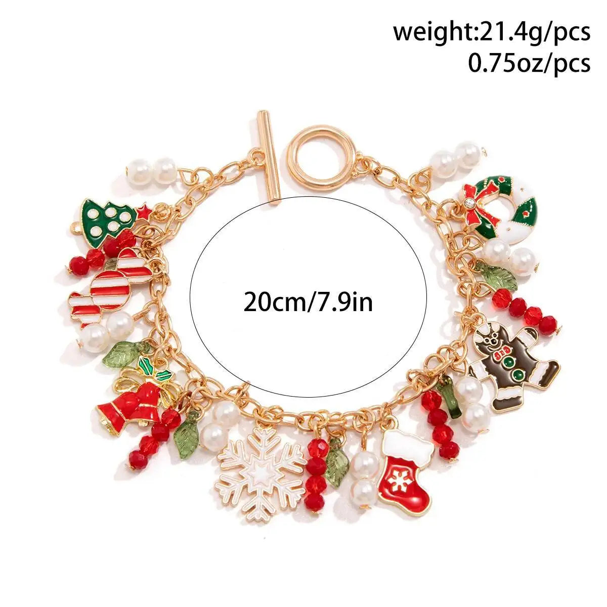 Christmas Snowflake Pendant Bracelet – Pearl & Red Crystal Bead Charm Bracelet for Women