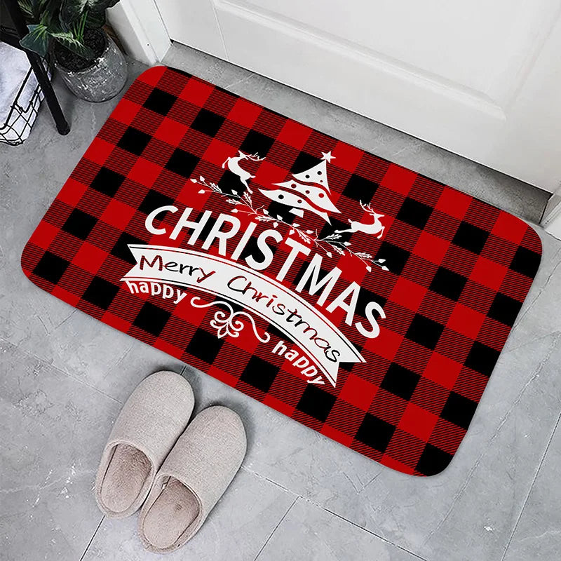 Christmas Buffalo Plaid Check Floor Mat – Non-Slip Winter Front Door & Bathroom Foot Pad (Xmas Decoration)