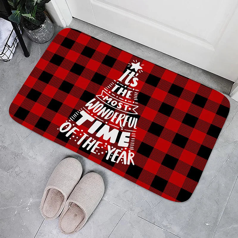 Christmas Buffalo Plaid Check Floor Mat – Non-Slip Winter Front Door & Bathroom Foot Pad (Xmas Decoration)