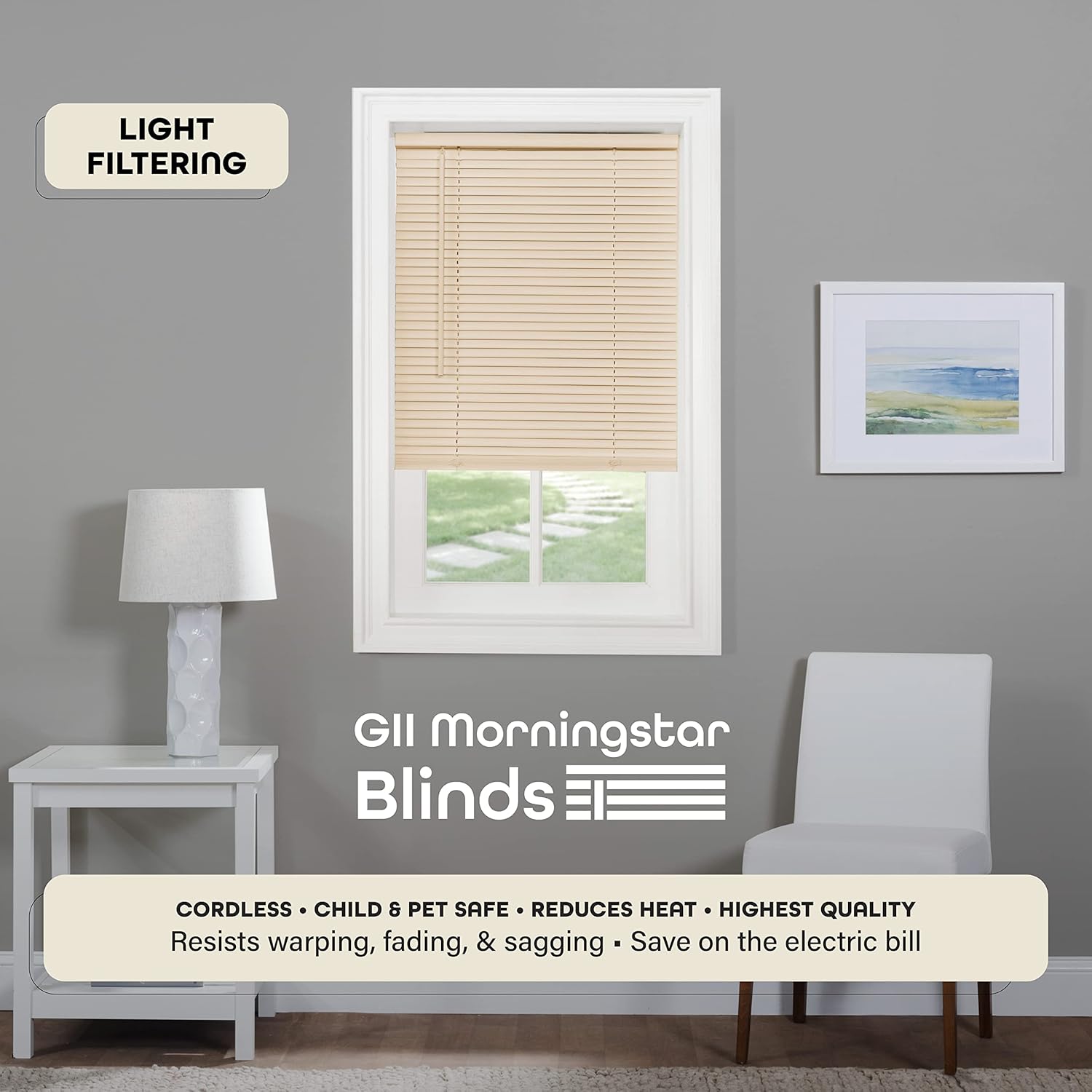 Cordless Light Filtering Mini Blind – 39″W × 64″L, 1″ Slat – Alabaster – Cordless GII Morningstar Horizontal Window Blind by Achim Home Decor