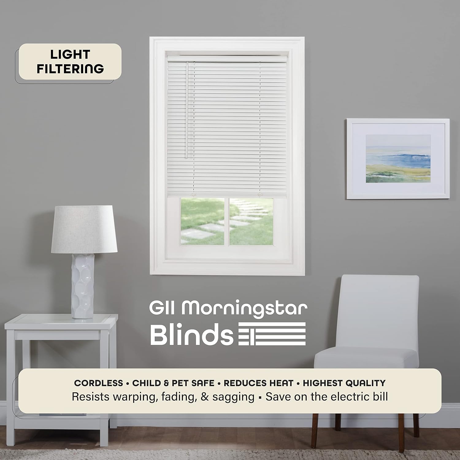 Cordless Light Filtering Mini Blind – 39″W × 64″L, 1″ Slat – Alabaster – Cordless GII Morningstar Horizontal Window Blind by Achim Home Decor