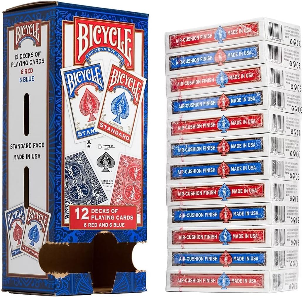 Bicycle Standard Playing Cards, Poker Size, 12 Pack – Classic Rider Back Design, Air-Cushion Finish, 6 Red & 6 Blue Decks