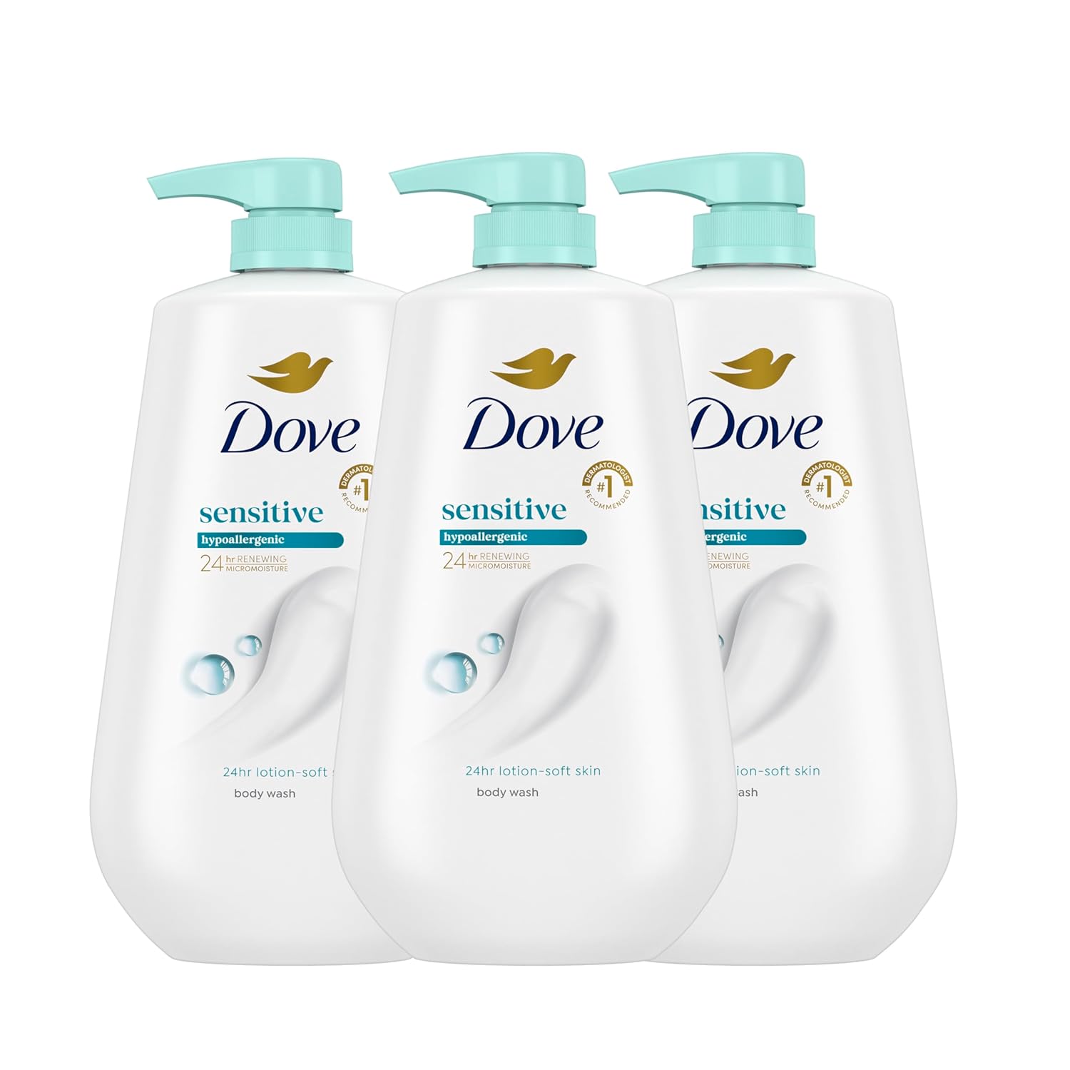 Dove Sensitive Skin Body Wash – 30.6 oz Pump Bottles (Pack of 3)