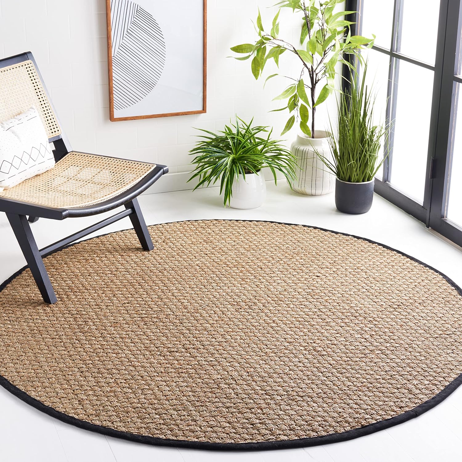 Safavieh Natural Fiber Collection Area Rug – 3′ Round, Natural & Black – Border Basketweave Seagrass Design (NF114C)